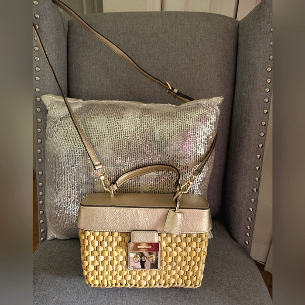 Rare Michael Kors "Gabriella" Woven Straw Rattan & Gold Leather Bag